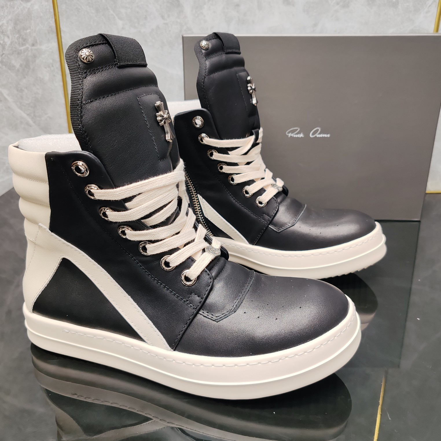 Dark Ro Shoes Classic Inverted Triangle Versatile High-Top Genuine Leather Thick-Soled Fashion Men's Shoes Casual Sneakers Couple Style Women's Shoes