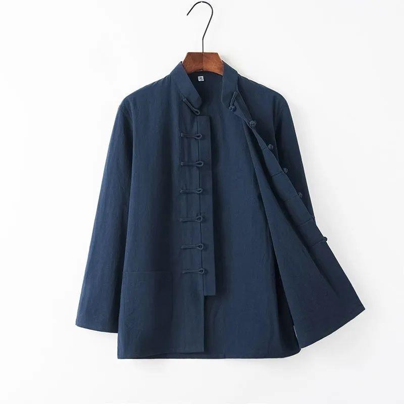Primavera y otoño algodón y lino traje Tang top de manga larga para hombre traje de padre de mediana edad y anciano traje de Tai Chi chino camisa de fondo estilo chino retro chino image 6