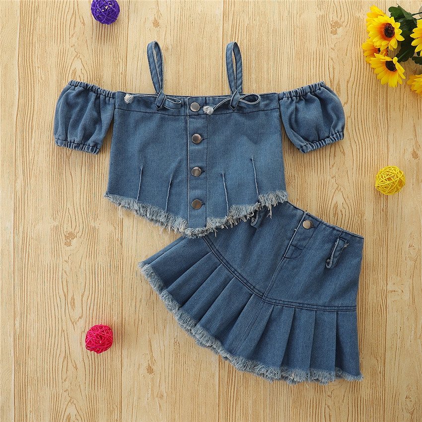 Babykleidung Mädchenanzug kleine und mittlere Kinderkleidung One-Shoulder-Jeansoberteil kurze Culottes zweiteiliges Set_voghion.com