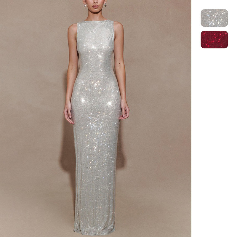 Independent Site Amazon European and American Women's Dress Sleeveless Sequined Back Slit Sexy Evening Gown for Women 8219