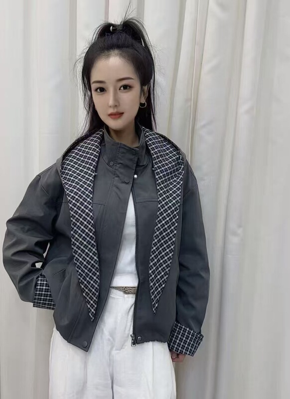 韩系时尚假两件外套女2025秋季简约撞色格纹时尚百搭休闲夹克上衣|undefined