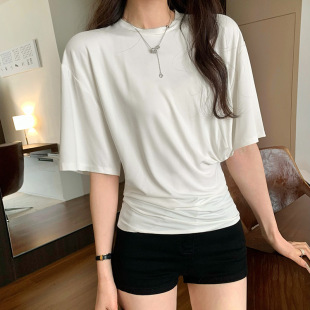 Real Photograph Elegant New Shoulder Short-sleeved T-shirt Women's Summer Loose Slim Belly Covering Top