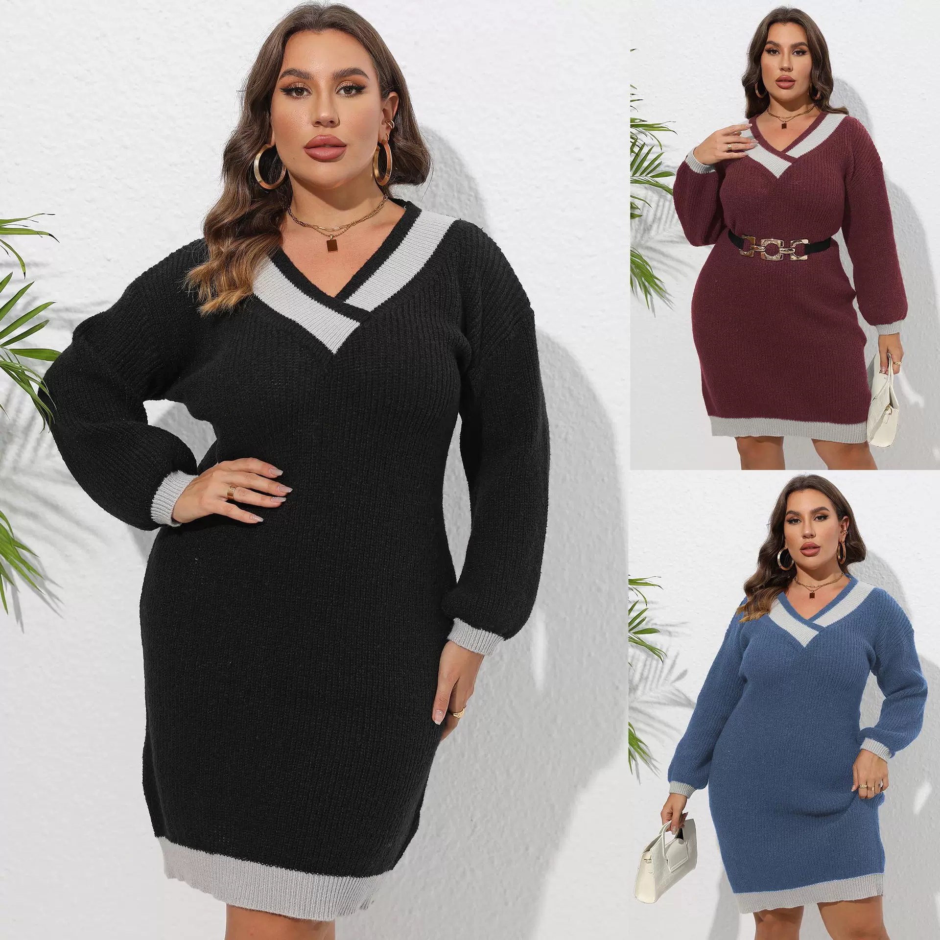 女士连衣裙跨境欧美大码女装机织毛衫V领撞色拼接包臀毛衣裙622