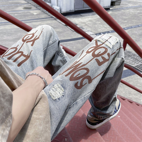 American-style high-street ripped-print denim jeans for men, loose-fit straight-leg summer pants with a cool, edgy hiphop vibe—perfect for trendy teens.