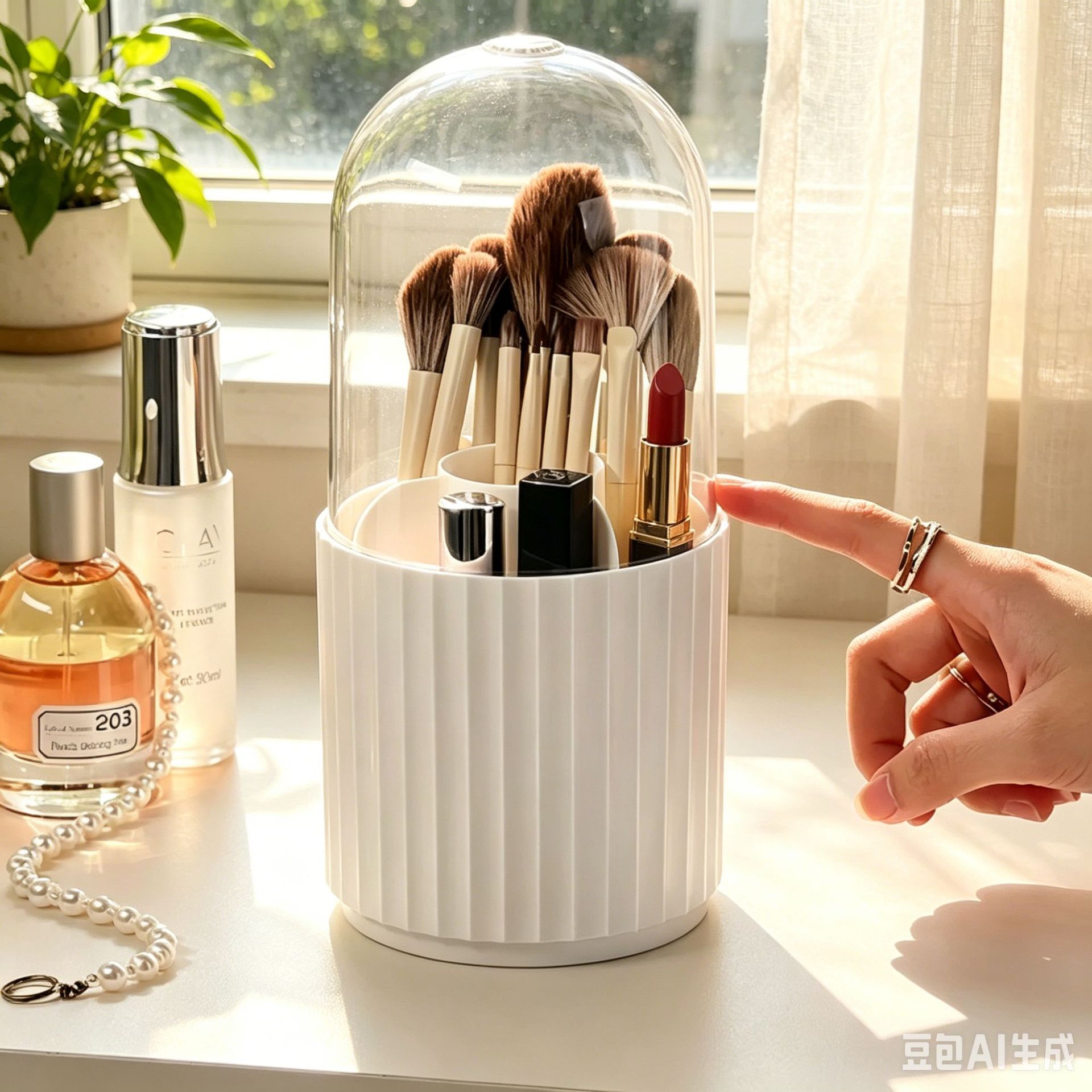 Dust-Proof Rotating Makeup Brush Storage Bucket with Lid, Vertical Wave Pattern Beauty Pen Holder, Dressing Table Desktop Organizer Box