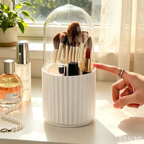 Dust-Proof Rotating Makeup Brush Storage Bucket with Lid, Vertical Wave Pattern Beauty Pen Holder, Dressing Table Desktop Organizer Box