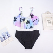 2025跨境爆款亚马逊TEMU女童分体泳衣豹纹撞色荷叶边温泉游泳衣