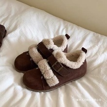 2025秋冬新款百搭磨砂圆头勃肯鞋女加绒复古内增高毛毛鞋东北棉鞋