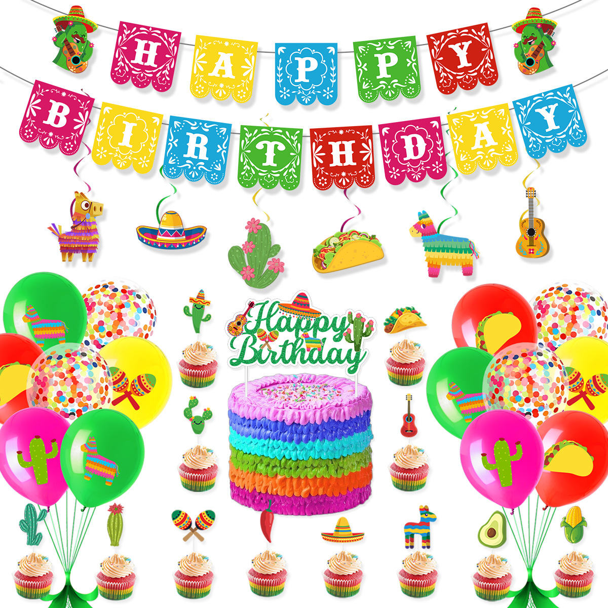 Carnaval mexicano transfronterizo decoración de fiesta temática de cumpleaños tarta de bandera de globo al por mayor personalizada