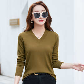春秋季新款韩版V领纯色长袖t恤女修身气质时尚显瘦打底衫一件代发