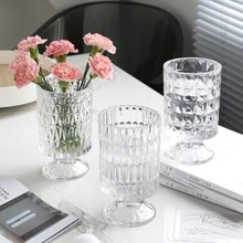北欧风法式复古轻奢浮雕餐桌透明高脚玻璃花瓶鲜花插花器仿真花欣