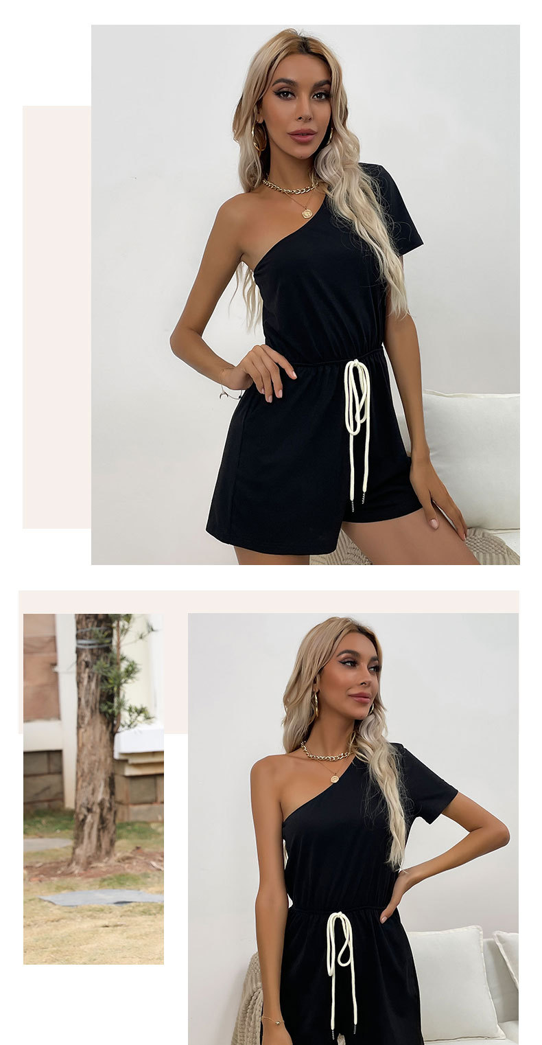 Short-Sleeved One-Shoulder Lace-Up Solid Color Jumpsuit NSDMB115468