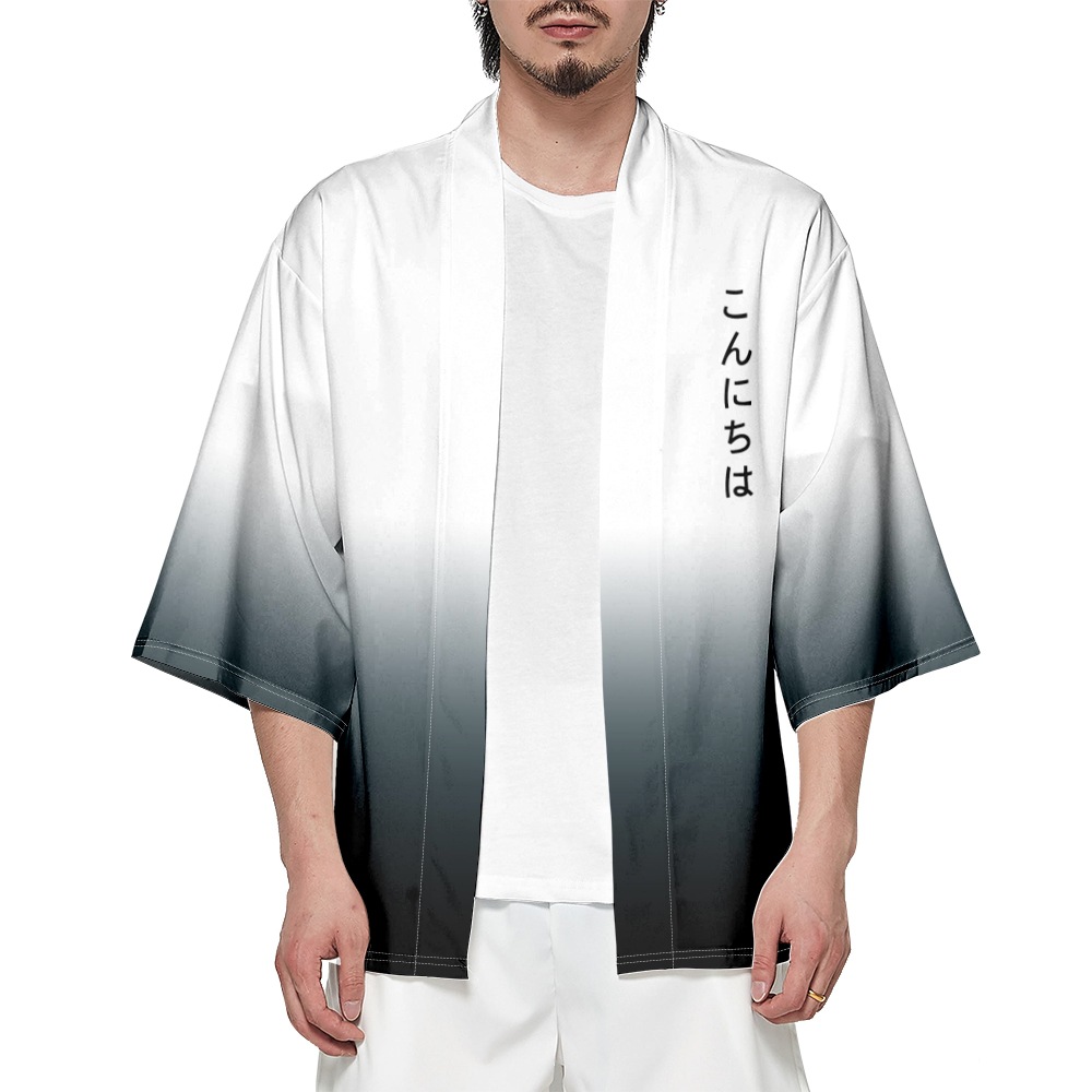 2025新款时尚夏季羽织和服 创意扎染渐变 3D数码印花七分衬衫道袍