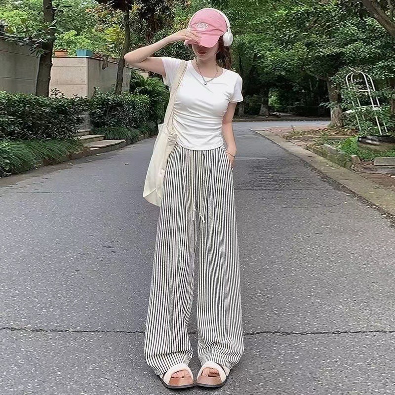 (2개) 여름 얇은 게으른 스타일 흑백 줄무늬 느슨한 슬리밍 빈티지 예술적 코튼 리넨 착용 가능한 모든 매치 와이드 다리 바지
