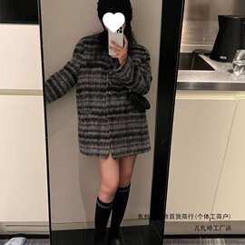 韩版V领小香毛呢外套女秋冬小个子慵懒感别致气质外套图片色氨纶
