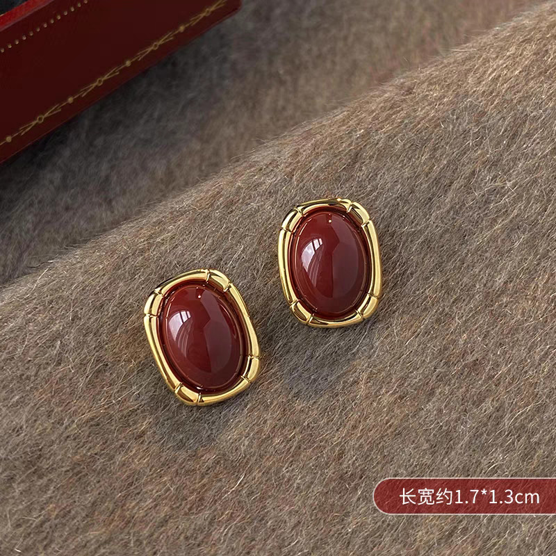 31#Gold edge oval red bean earrings