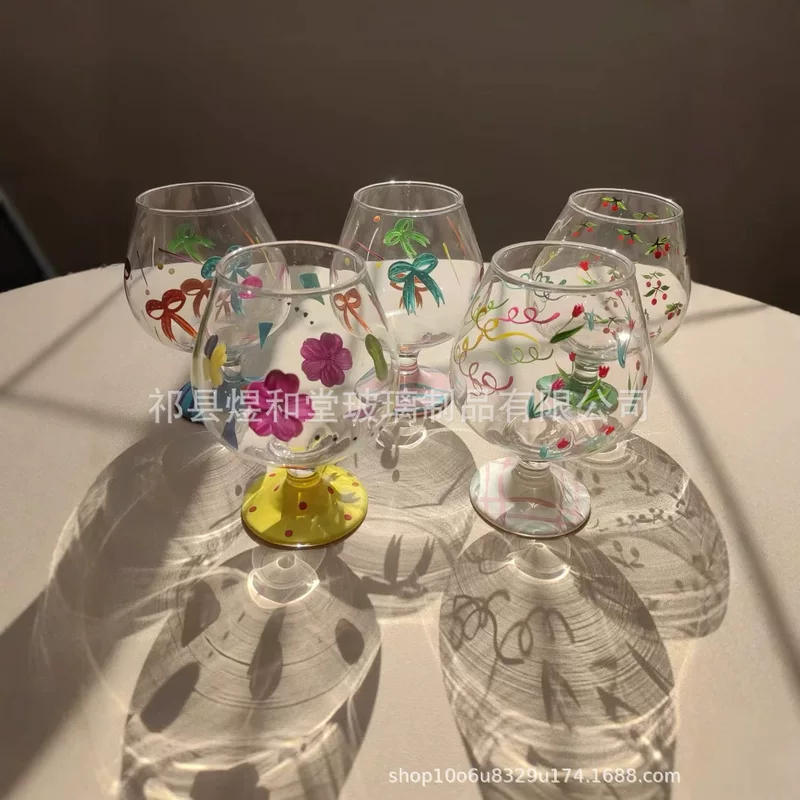 Fresh glass tea cup, capacious mousse for ice cream for beloved, french style, hand painting