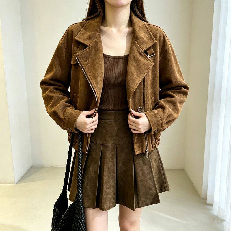 Áo khoác ngắn nữ da lộn dáng rộng khóa kéo, dài tay, cổ bẻ — Màu kaki, Màu nâu cà phê chi tiết 13