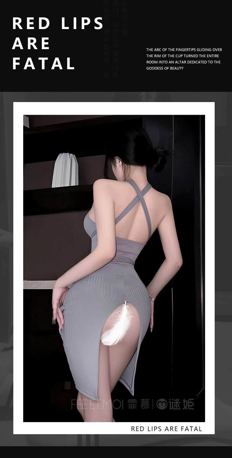 Feimu & Miji No-Wash Halter Off-Shoulder Slit Dress 6502 with Thong, Grey Knit, One Size — detail image 17