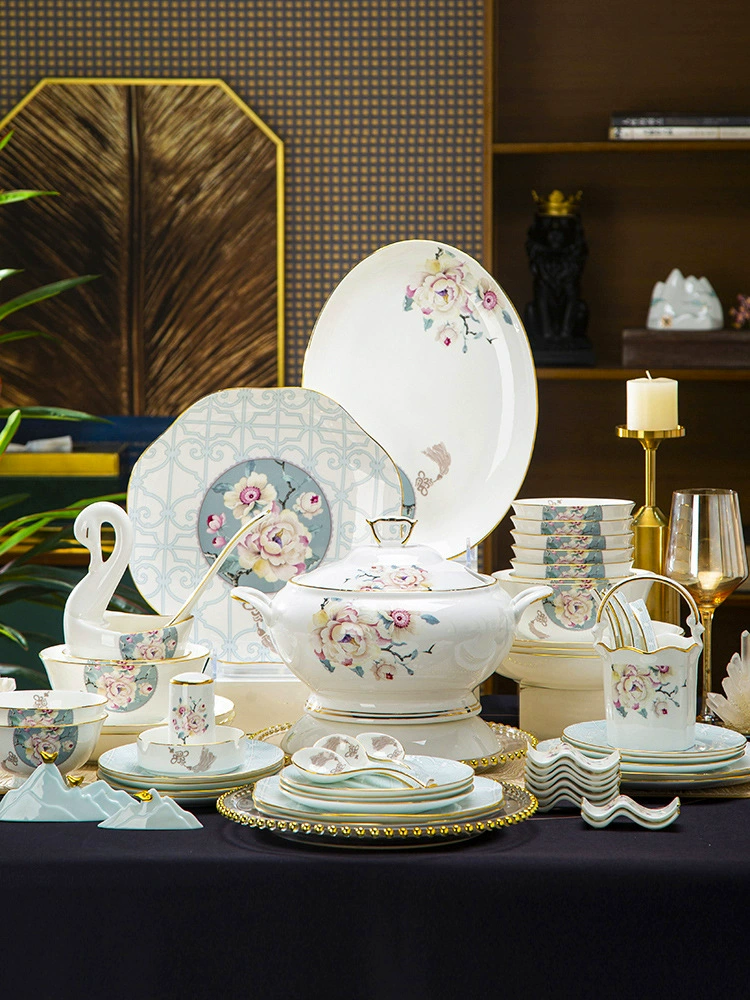 Новая посуда в китайском стиле «легкая роскошь» набор посуды Jingdezhen с керамическими костяной породы, миски и тарелки, домашняя роскошь с золотым ободком