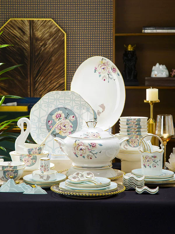 Новая посуда в китайском стиле «легкая роскошь» набор посуды Jingdezhen с керамическими костяной породы, миски и тарелки, домашняя роскошь с золотым ободком