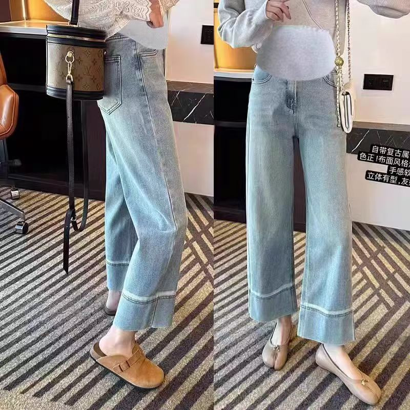Maternity Light-Colored Pants Plus-Size Wide-Leg Jeans Autumn New Slimming Stretchy Straight Cropped Pants Wholesale