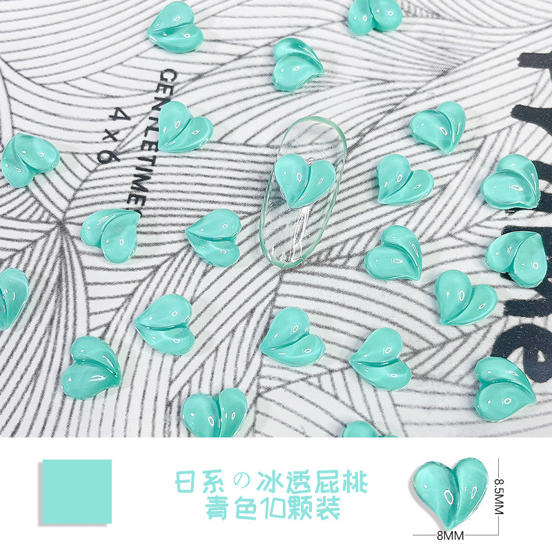 Arte de uñas melocotón corazón 10 unidades nuevo amor Aurora magia color tridimensional plano pequeño tamaño pedo melocotón uñas joyería