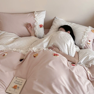 少女心100S全棉加厚磨毛四件套 秋冬纯棉毛巾绣被套床单床笠1.8米