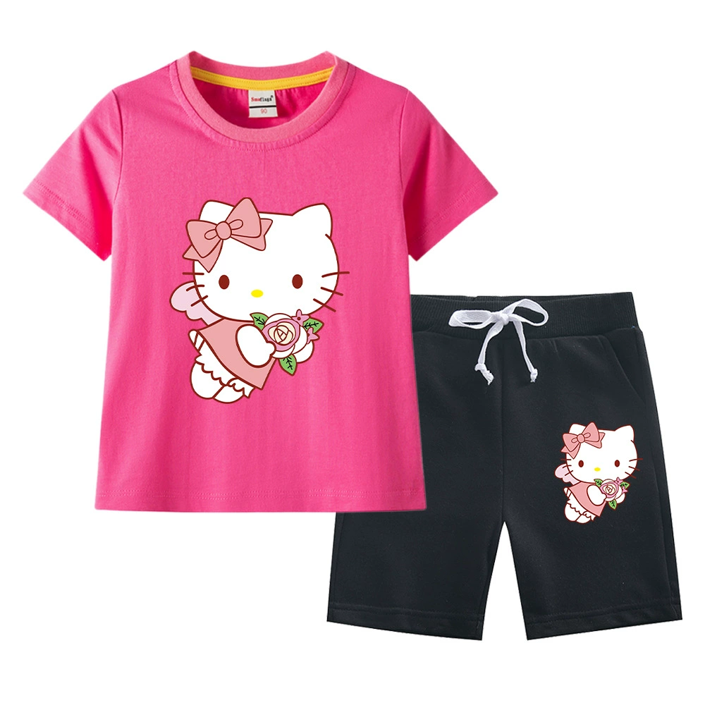 Hello kitty, комплект, летняя одежда, хлопковая футболка с короткими рукавами, корейский стиль