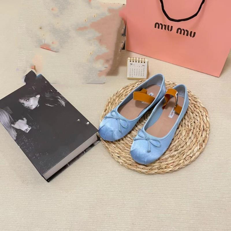 Miu French Silks and Satins Ballet Shoes Bow Flats Shoes New Shallow Mouth Fairy One-Strap Mary Jane Shoes