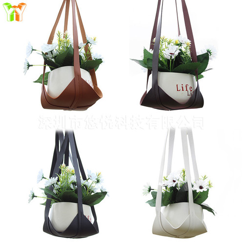 Aerial hanging plant tray Indoor potted plant hanging basket flower stand hammock Leather hanging flower pot storage rope