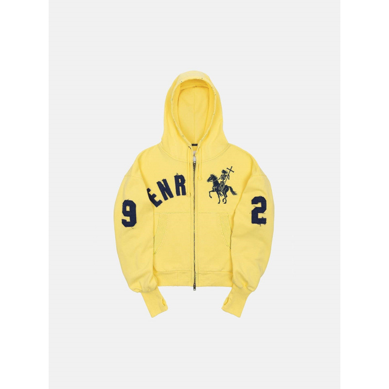 American retro digital horse print zip-up hoodie, yellow with contrasting letters, unisex casual jacket