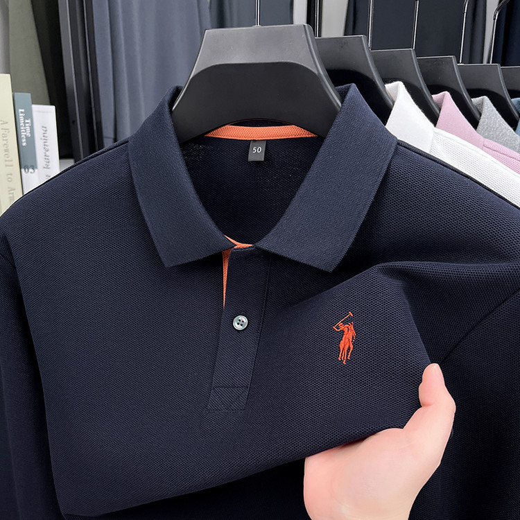 保罗刺绣100%纯棉polo衫长袖男高级感翻领休闲秋季中年男士polo衫