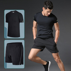 Men's Sporty Casual Fitness Suit Short-Sleeve Fitness T-Shirt Top and Athletic Shorts for Summer Running Training