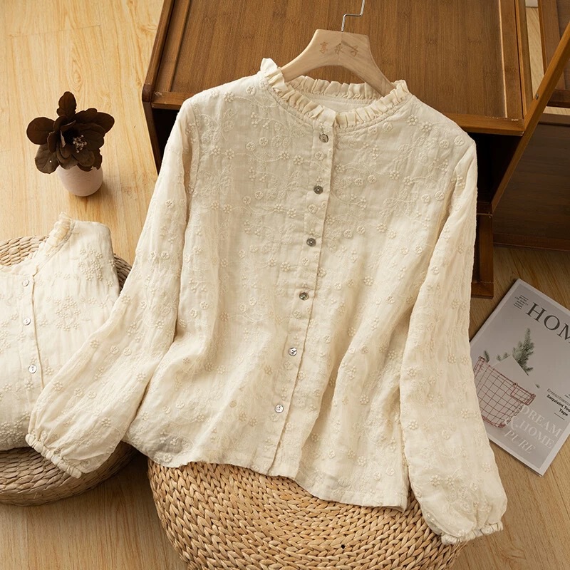 In-Stock Spring and Autumn Vintage Heavy Embroidery Ramie Shirt for Women, Spring Mori Style Elegant Ruffled Collar Linen Blouse In-Stock Spring and Autumn Vintage Heavy Embroidery Ramie Shirt for Women, Spring Mori Style Elegant Ruffled Collar Linen Blouse