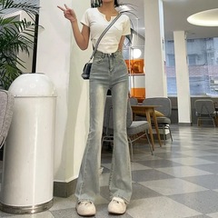 小柄な方向けのマイクロフレアジーンズ、レトロな馬蹄パンツ、ハイウエスト伸縮性スリムフィットフレアパンツ、脚長効果、伸縮性抜群