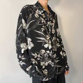 坠感黑花衬衫男oversize潮流高级感雪纺复古港味暗黑系设计感衬衣