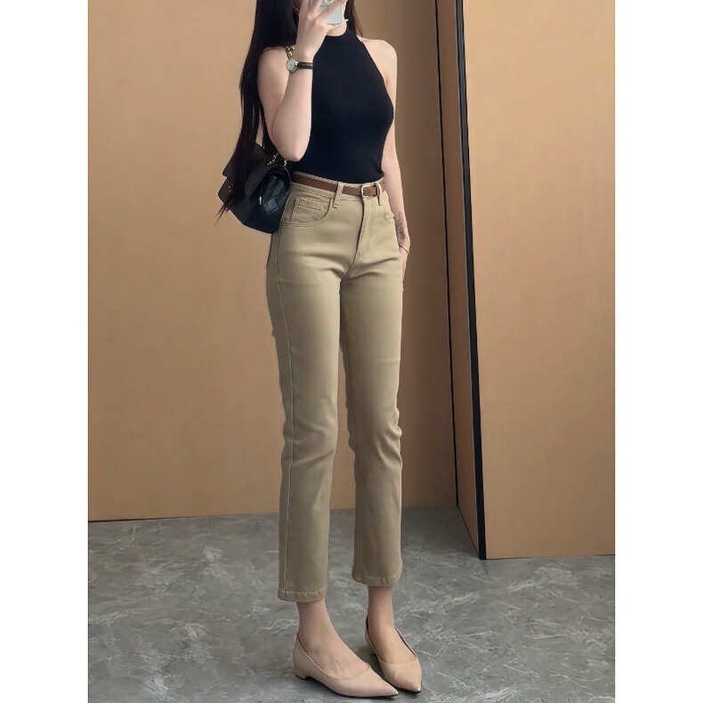 Khaki stretch slim-fit skinny denim cropped pants for petite women, versatile cigarette pants, new spring/summer 2026 collection