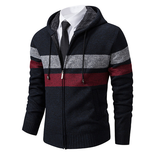 Men's Knit Cardigan with Fleece and Thick Wool Sweater, Men's Color Block Hooded Youth Warm Knit Topcoat