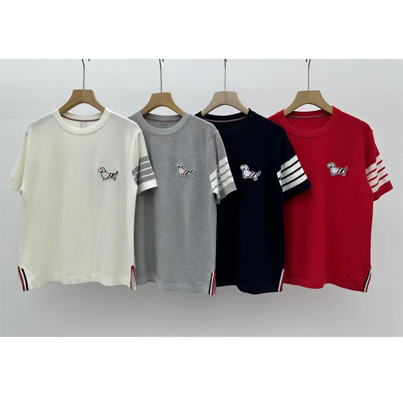 Summer new round neck pullover puppy patch side split short sleeve sweater T-shirt top