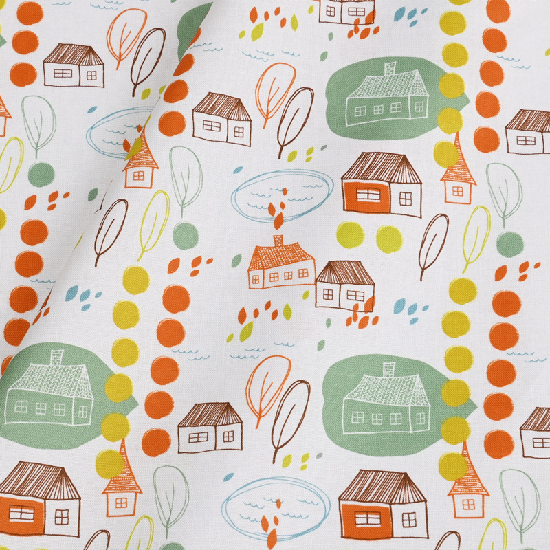 平纹纯棉布料北欧风手绘可爱房子印花面料手工DIY 服装连衣裙全棉