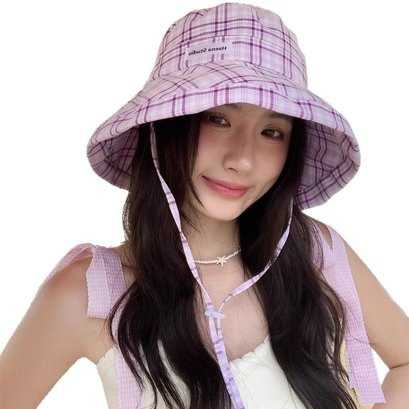 韓国の格子縞の漁師の帽子の女性の夏の紫外線防止の大きいつばの日よけの日焼け止めの帽子は顔の小さい太陽の帽子を現します。|undefined