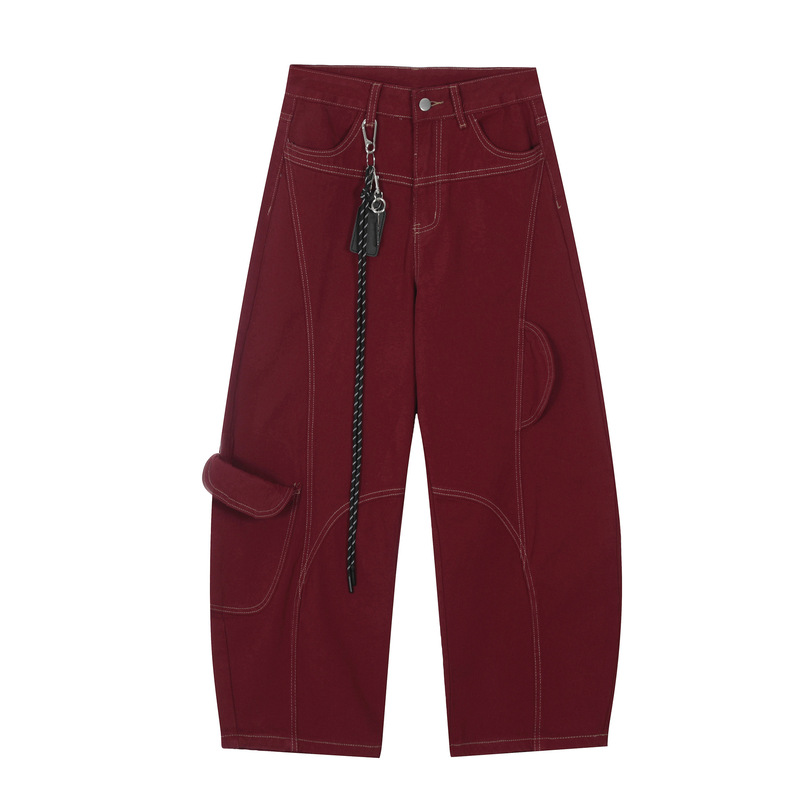 American Style Retro Drawstring Decorative Dashed Multi-Pocket Jeans Loose Profile Wide Leg Pants Men's and Women's Casual Pants American Style Retro Drawstring Decorative Dashed Multi-Pocket Jeans Loose Profile Wide Leg Pants Men's and Women's Casual Pants