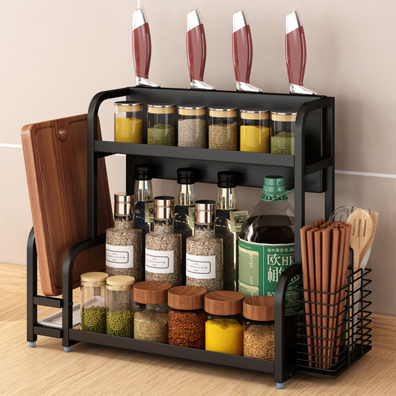 Kitchen seasoning shelf Small countertop multi -layer flavoring oil salt sauce vinegar seasoning box bottle storage rack knife frame