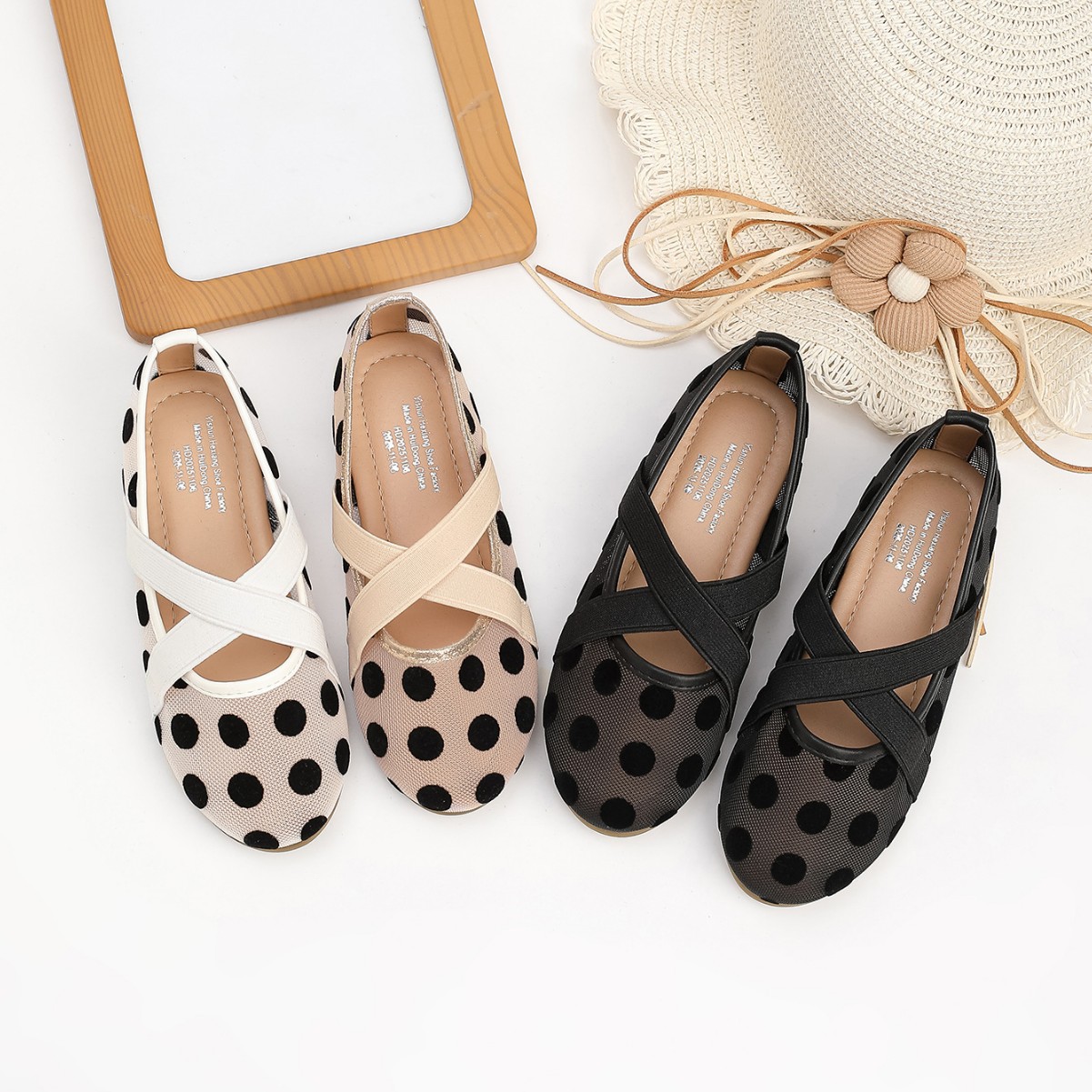 Retro Flat Shallow Dance Shoes with Breathable Mesh, Polka Dots, Ballet-Style Cross-Tie Design, Small Size for Students and Children
