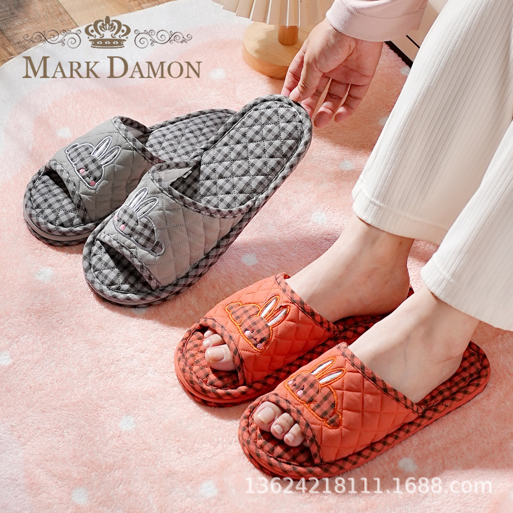 韩版情侣男女卡通格子兔子三层加厚布艺拖鞋胶粒底居家木地板拖鞋