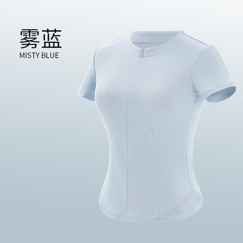 Ropa de yoga para mujeres adultas verano cuello redondo cremallera estilo traje de manga corta simple color sólido transpirable ropa de práctica superior