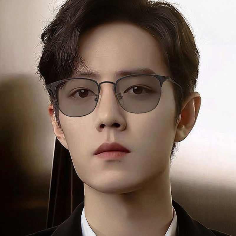 ネットセレブの新しい眉毛ラインハーフフレーム色が変わる近視メガネ男性用、トレンディでハンサムな四角い顔と丸い顔、美白目の保護フレーム