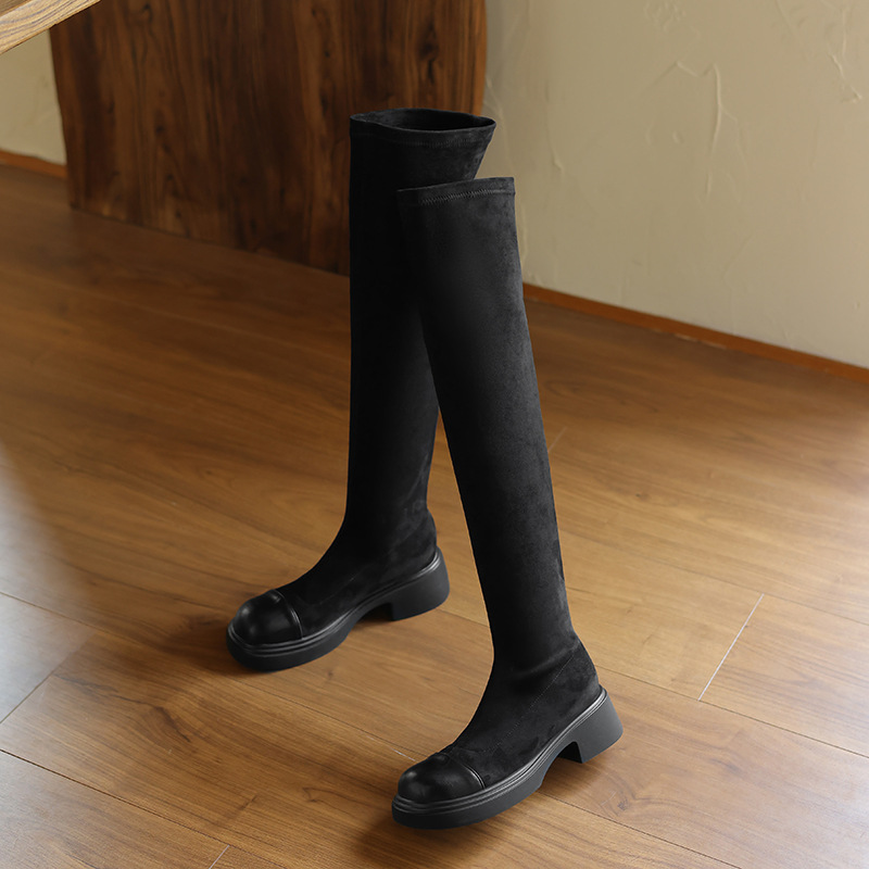 瘦瘦套脚高筒靴新款外贸长靴女弹力低靴2024圆头骑士靴粗跟松紧跟