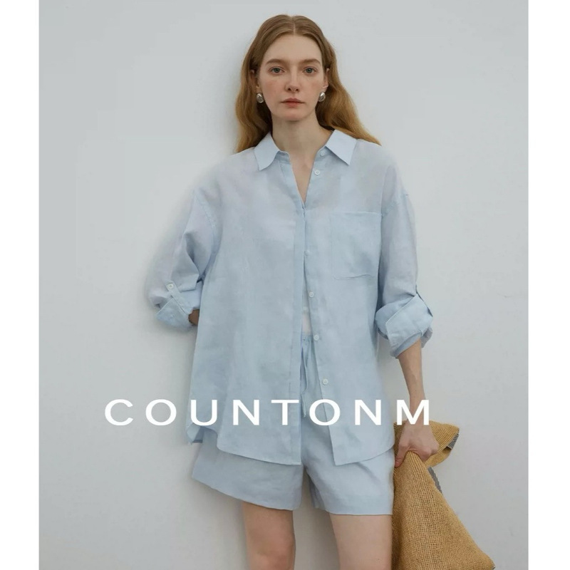 Countone Relaxed Summer/Leisurely Casual Style All-Linen Oversized Shirt/Shorts Sun Protection Set